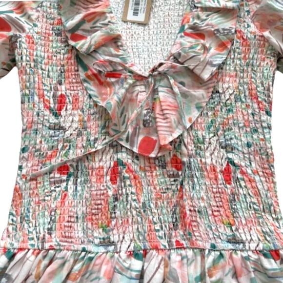 Vestique Sammie Peach Green Floral Smocked Deep V-Neck Mini Dress Small NEW - Picture 8 of 13